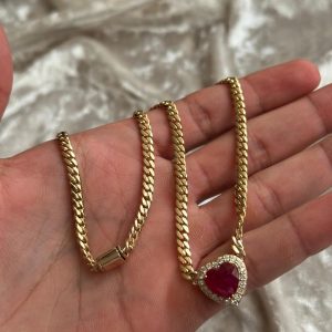 Cadena tejido cubano maciza oro 18k garantizado con rubí y diamantes naturales