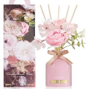 Precioso ambientador COCORRÍNA Juego de difusor de junco, difusor de varillas de flores de 6.7 onzas con palos, aceite esencial de rosa de sándalo